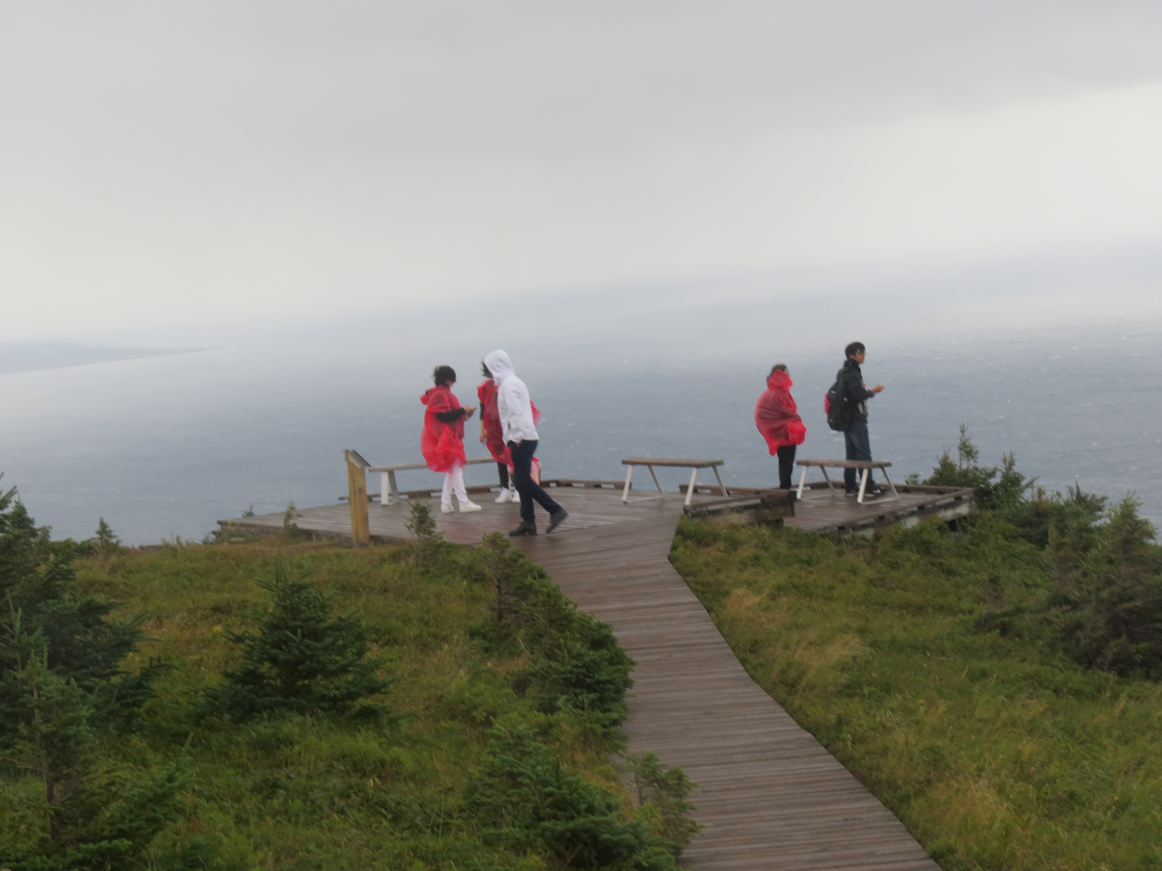 Chinese tourists experiencing intense wind on Skyline Trail, Cape Breton