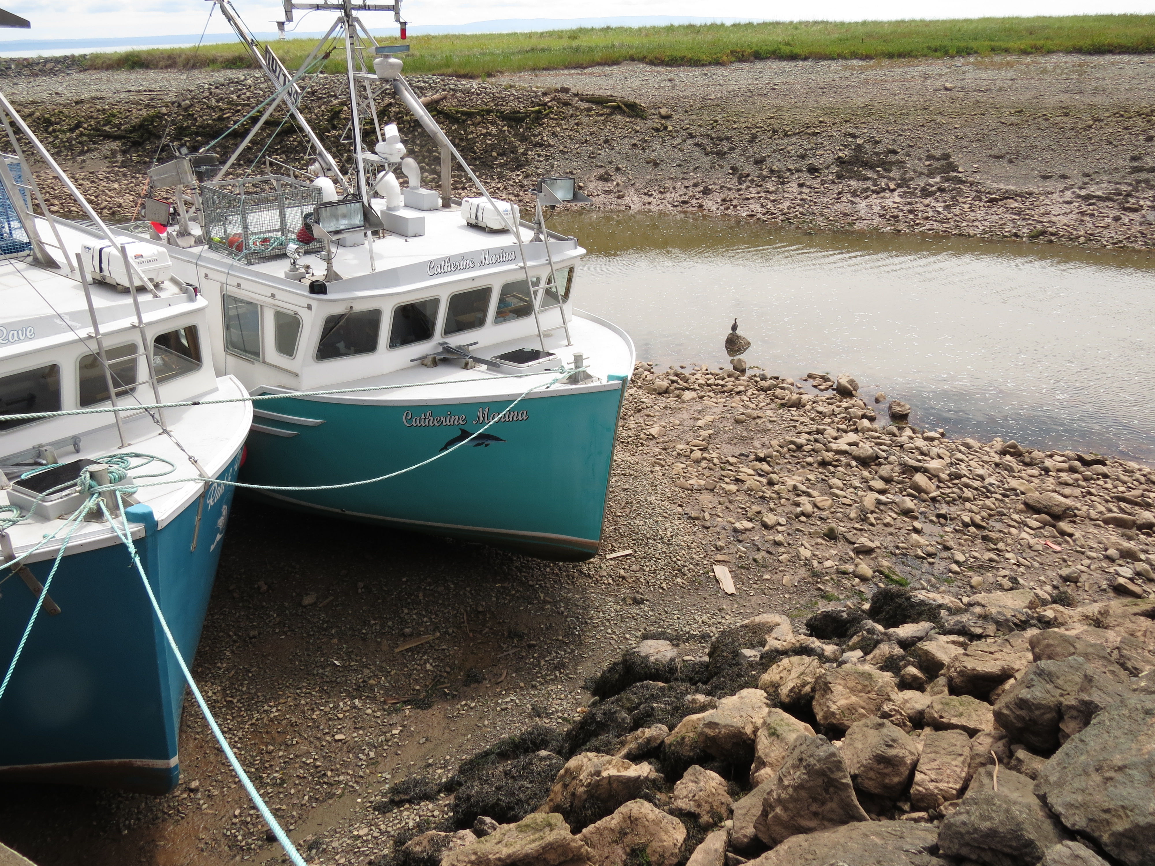 Lobster boats stranded on beach at low tide, Alma, NB